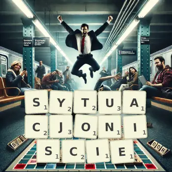 Kreatywna ilustracja do gry w Scrabble ze słowem SYTUACJONISCIE ułożonym z płytek na planszy.