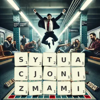 Kreatywna ilustracja do gry w Scrabble ze słowem SYTUACJONIZMAMI ułożonym z płytek na planszy.