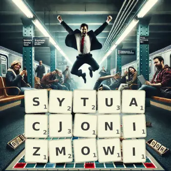 Kreatywna ilustracja do gry w Scrabble ze słowem SYTUACJONIZMOWI ułożonym z płytek na planszy.