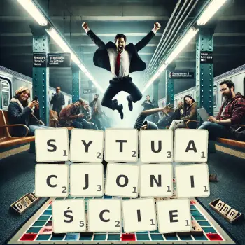 Kreatywna ilustracja do gry w Scrabble ze słowem SYTUACJONIŚCIE ułożonym z płytek na planszy.