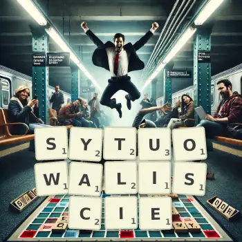 Kreatywna ilustracja do gry w Scrabble ze słowem SYTUOWALISCIE ułożonym z płytek na planszy.