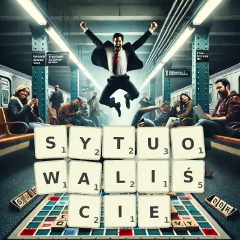 Kreatywna ilustracja do gry w Scrabble ze słowem SYTUOWALIŚCIE ułożonym z płytek na planszy.