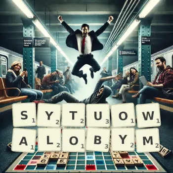 Kreatywna ilustracja do gry w Scrabble ze słowem SYTUOWALOBYM ułożonym z płytek na planszy.