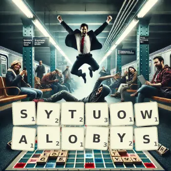 Kreatywna ilustracja do gry w Scrabble ze słowem SYTUOWALOBYS ułożonym z płytek na planszy.