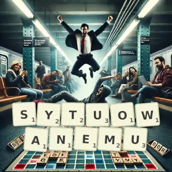 Kreatywna ilustracja do gry w Scrabble ze słowem SYTUOWANEMU ułożonym z płytek na planszy.