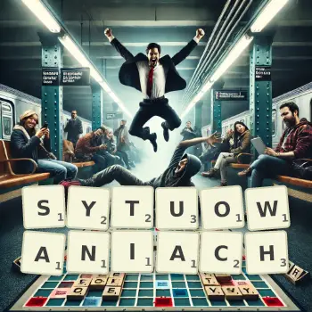 Kreatywna ilustracja do gry w Scrabble ze słowem SYTUOWANIACH ułożonym z płytek na planszy.