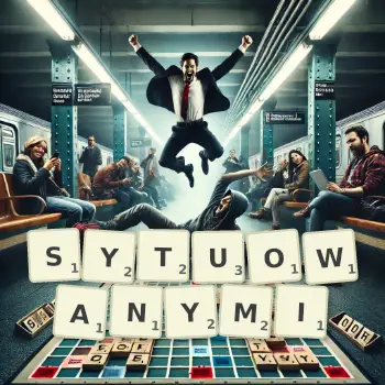 Kreatywna ilustracja do gry w Scrabble ze słowem SYTUOWANYMI ułożonym z płytek na planszy.