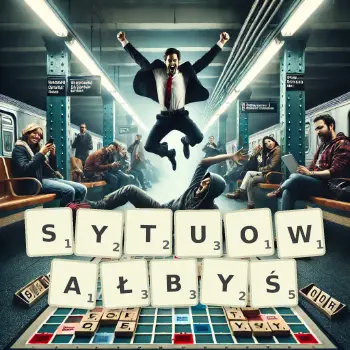 Kreatywna ilustracja do gry w Scrabble ze słowem SYTUOWAŁBYŚ ułożonym z płytek na planszy.