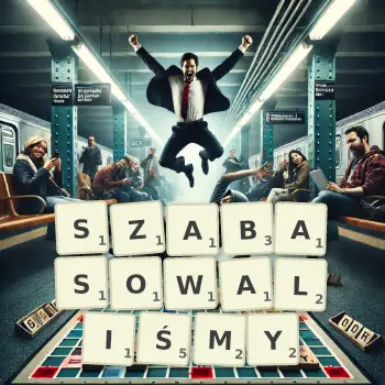 Kreatywna ilustracja do gry w Scrabble ze słowem SZABASOWALIŚMY ułożonym z płytek na planszy.