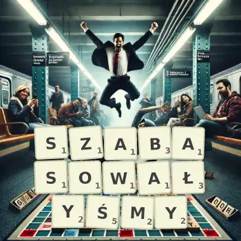 Kreatywna ilustracja do gry w Scrabble ze słowem SZABASOWAŁYŚMY ułożonym z płytek na planszy.