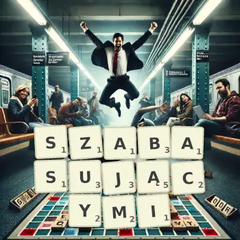 Kreatywna ilustracja do gry w Scrabble ze słowem SZABASUJĄCYMI ułożonym z płytek na planszy.