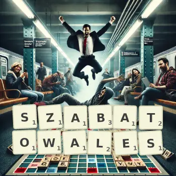 Kreatywna ilustracja do gry w Scrabble ze słowem SZABATOWALES ułożonym z płytek na planszy.