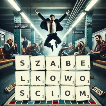 Kreatywna ilustracja do gry w Scrabble ze słowem SZABELKOWOSCIOM ułożonym z płytek na planszy.