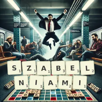 Kreatywna ilustracja do gry w Scrabble ze słowem SZABELNIAMI ułożonym z płytek na planszy.