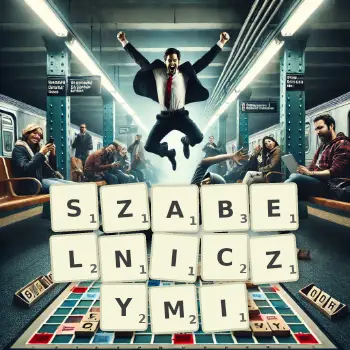 Kreatywna ilustracja do gry w Scrabble ze słowem SZABELNICZYMI ułożonym z płytek na planszy.