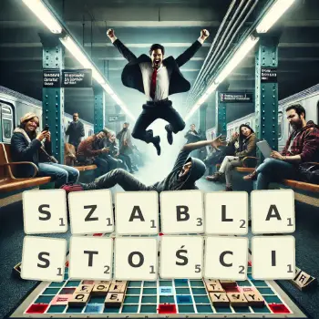 Kreatywna ilustracja do gry w Scrabble ze słowem SZABLASTOŚCI ułożonym z płytek na planszy.