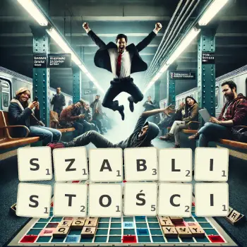 Kreatywna ilustracja do gry w Scrabble ze słowem SZABLISTOŚCI ułożonym z płytek na planszy.