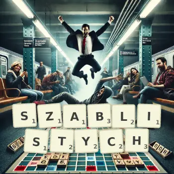 Kreatywna ilustracja do gry w Scrabble ze słowem SZABLISTYCH ułożonym z płytek na planszy.