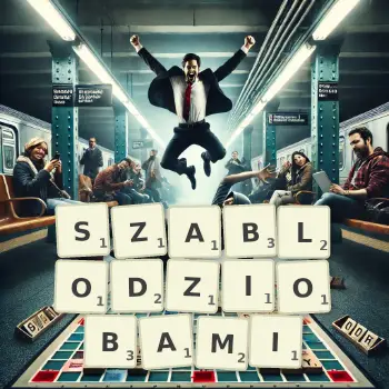 Kreatywna ilustracja do gry w Scrabble ze słowem SZABLODZIOBAMI ułożonym z płytek na planszy.