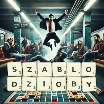 Kreatywna ilustracja do gry w Scrabble ze słowem SZABLODZIOBY ułożonym z płytek na planszy.