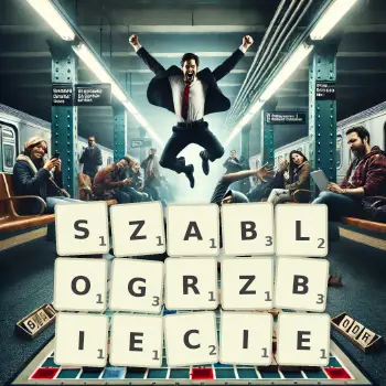Kreatywna ilustracja do gry w Scrabble ze słowem SZABLOGRZBIECIE ułożonym z płytek na planszy.