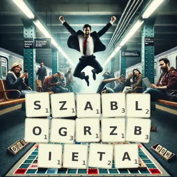 Kreatywna ilustracja do gry w Scrabble ze słowem SZABLOGRZBIETA ułożonym z płytek na planszy.