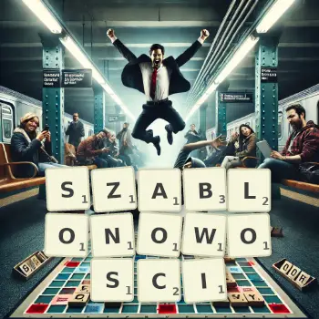 Kreatywna ilustracja do gry w Scrabble ze słowem SZABLONOWOSCI ułożonym z płytek na planszy.
