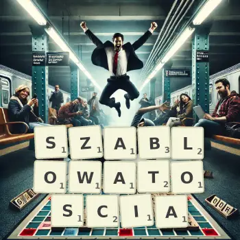 Kreatywna ilustracja do gry w Scrabble ze słowem SZABLOWATOSCIA ułożonym z płytek na planszy.