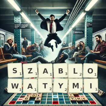 Kreatywna ilustracja do gry w Scrabble ze słowem SZABLOWATYMI ułożonym z płytek na planszy.