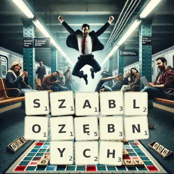 Kreatywna ilustracja do gry w Scrabble ze słowem SZABLOZĘBNYCH ułożonym z płytek na planszy.
