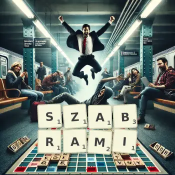 Kreatywna ilustracja do gry w Scrabble ze słowem SZABRAMI ułożonym z płytek na planszy.