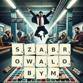 Kreatywna ilustracja do gry w Scrabble ze słowem SZABROWALOBYM ułożonym z płytek na planszy.