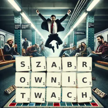 Kreatywna ilustracja do gry w Scrabble ze słowem SZABROWNICTWACH ułożonym z płytek na planszy.