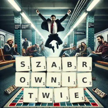 Kreatywna ilustracja do gry w Scrabble ze słowem SZABROWNICTWIE ułożonym z płytek na planszy.