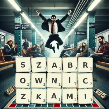 Kreatywna ilustracja do gry w Scrabble ze słowem SZABROWNICZKAMI ułożonym z płytek na planszy.