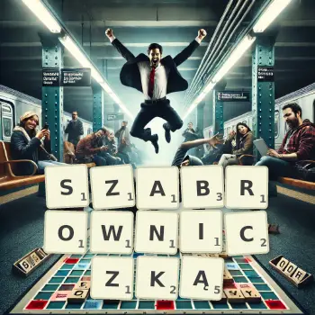 Kreatywna ilustracja do gry w Scrabble ze słowem SZABROWNICZKĄ ułożonym z płytek na planszy.
