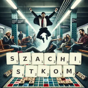 Kreatywna ilustracja do gry w Scrabble ze słowem SZACHISTKOM ułożonym z płytek na planszy.