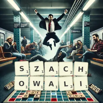 Kreatywna ilustracja do gry w Scrabble ze słowem SZACHOWALI ułożonym z płytek na planszy.