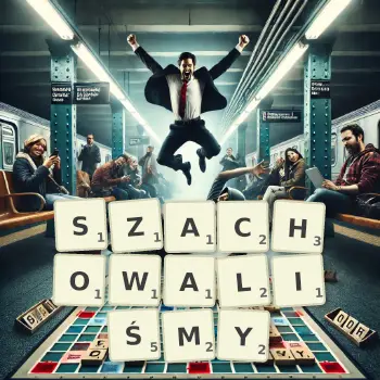 Kreatywna ilustracja do gry w Scrabble ze słowem SZACHOWALIŚMY ułożonym z płytek na planszy.