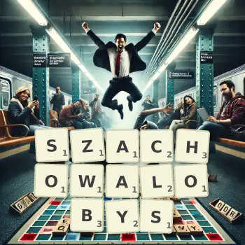 Kreatywna ilustracja do gry w Scrabble ze słowem SZACHOWALOBYS ułożonym z płytek na planszy.