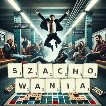 Kreatywna ilustracja do gry w Scrabble ze słowem SZACHOWANIA ułożonym z płytek na planszy.