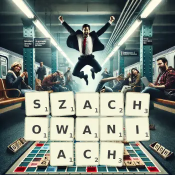 Kreatywna ilustracja do gry w Scrabble ze słowem SZACHOWANIACH ułożonym z płytek na planszy.