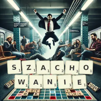 Kreatywna ilustracja do gry w Scrabble ze słowem SZACHOWANIE ułożonym z płytek na planszy.