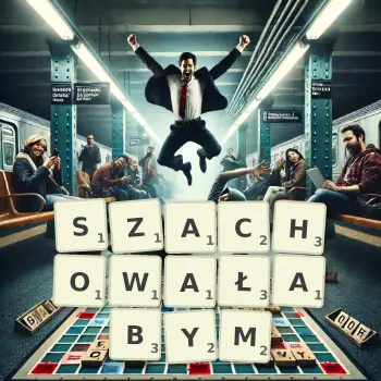 Kreatywna ilustracja do gry w Scrabble ze słowem SZACHOWAŁABYM ułożonym z płytek na planszy.