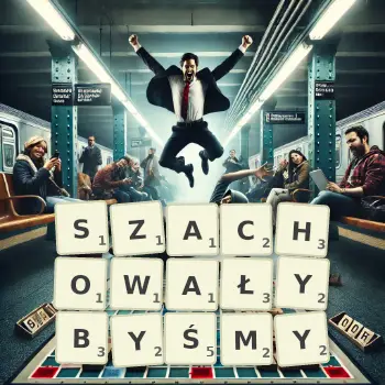Kreatywna ilustracja do gry w Scrabble ze słowem SZACHOWAŁYBYŚMY ułożonym z płytek na planszy.
