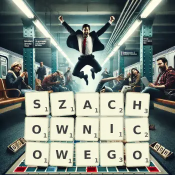 Kreatywna ilustracja do gry w Scrabble ze słowem SZACHOWNICOWEGO ułożonym z płytek na planszy.