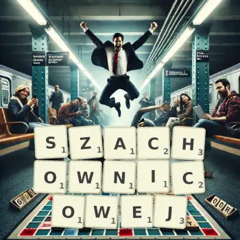 Kreatywna ilustracja do gry w Scrabble ze słowem SZACHOWNICOWEJ ułożonym z płytek na planszy.