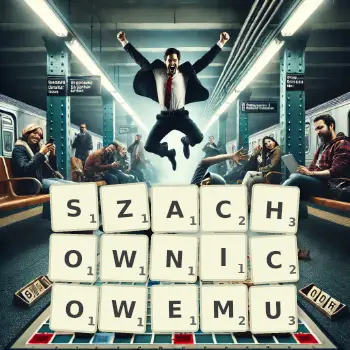 Kreatywna ilustracja do gry w Scrabble ze słowem SZACHOWNICOWEMU ułożonym z płytek na planszy.