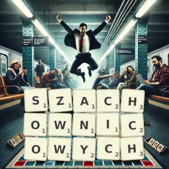 Kreatywna ilustracja do gry w Scrabble ze słowem SZACHOWNICOWYCH ułożonym z płytek na planszy.