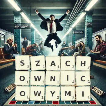 Kreatywna ilustracja do gry w Scrabble ze słowem SZACHOWNICOWYMI ułożonym z płytek na planszy.